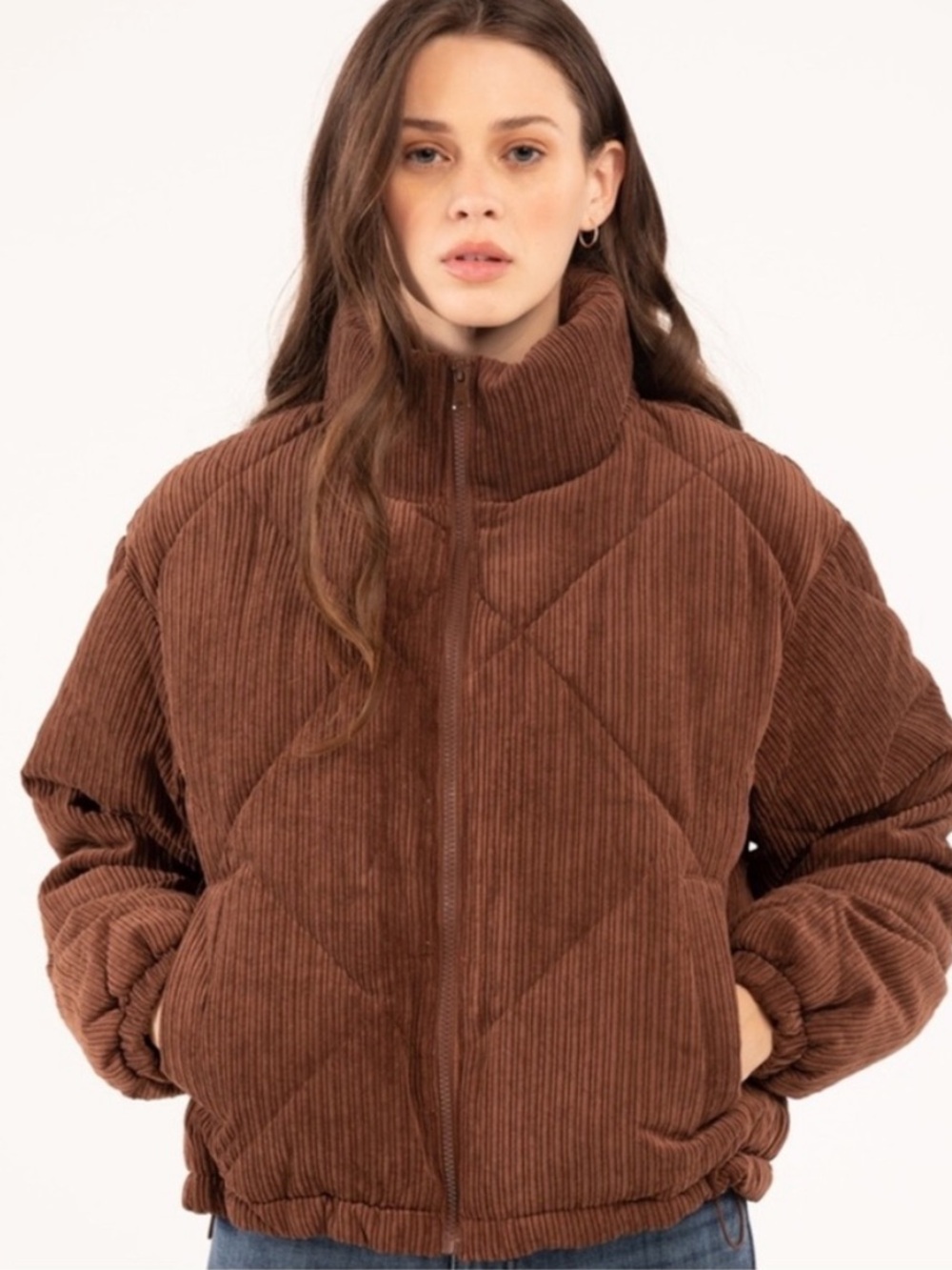 Love Tree Brown Corduroy Cropped Puffer Jacket Quilted Women’s Size Medium